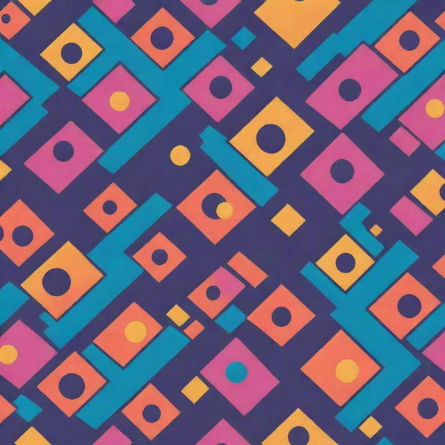 A Y2K-inspired pattern showcasing bold geometrical shapes, funky colors, and digital aesthetic elements evoking late 90s and early 2000s nostalgia