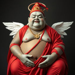 A very, very fat Buddha-like man with gray skin adorned with intricate golden tattoos