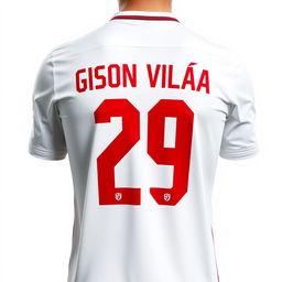 A white football jersey displaying the player's details on the back