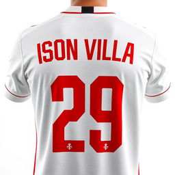 A white football jersey displaying the player's details on the back