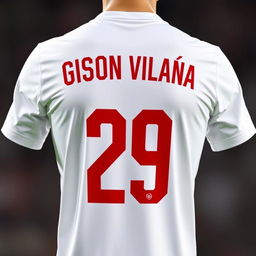 A white football jersey displaying the player's details on the back