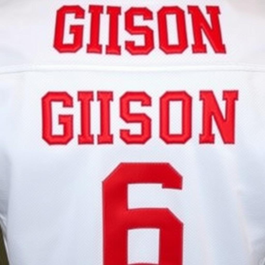 A white football jersey with the player's name "GISON" embroidered on the back in bold red capital letters