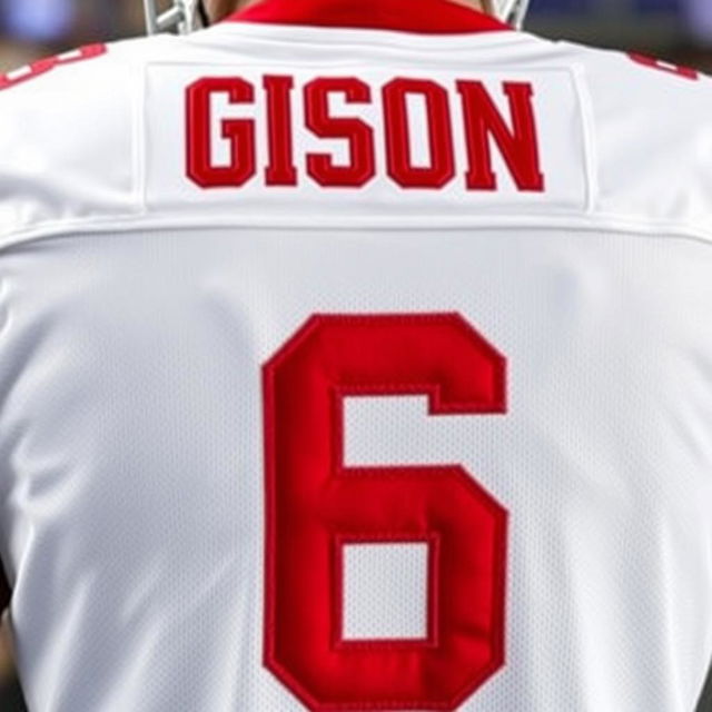 A white football jersey with the player's name "GISON" embroidered on the back in bold red capital letters