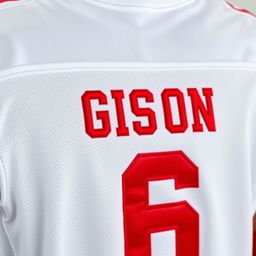 A white football jersey with the player's name "GISON" embroidered on the back in bold red capital letters