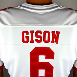 A white football jersey with the player's name "GISON" embroidered on the back in bold red capital letters