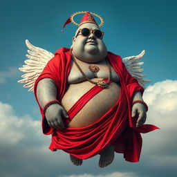 A very fat Buddha-like man with gray skin adorned with intricate golden tattoos all over his body