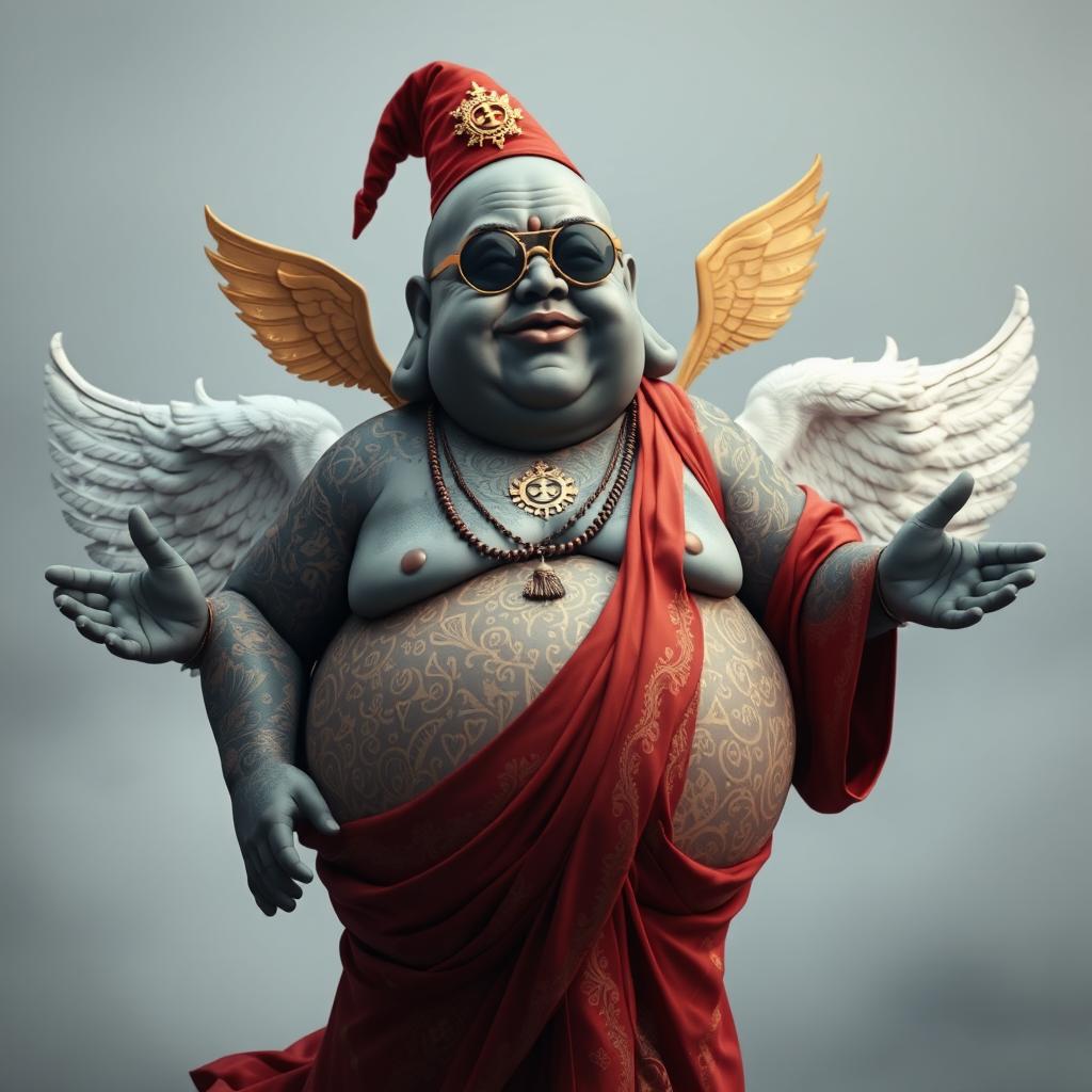 A very fat Buddha-like man with gray skin adorned with intricate golden tattoos all over his body