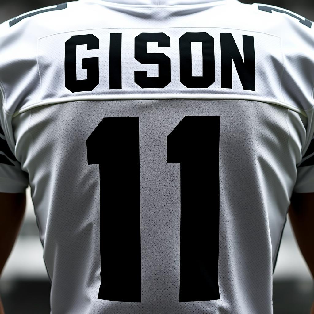 A white football jersey featuring the player's name "GISON" on the back in bold black capital letters