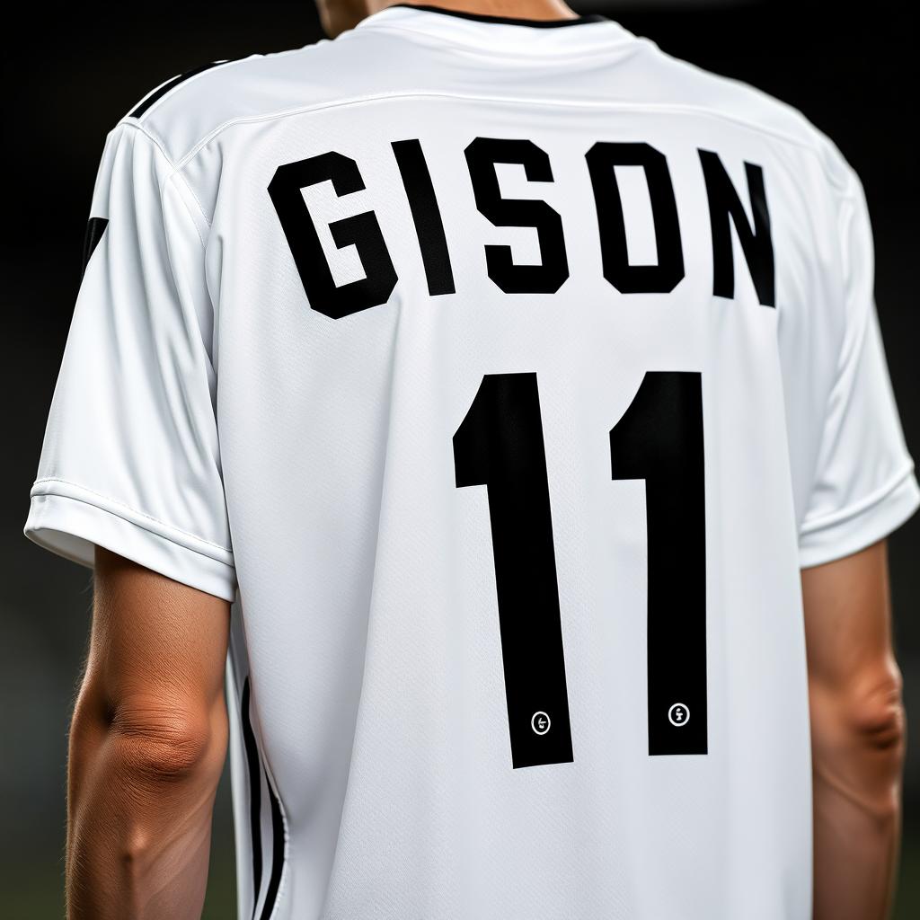 A white football jersey featuring the player's name "GISON" on the back in bold black capital letters