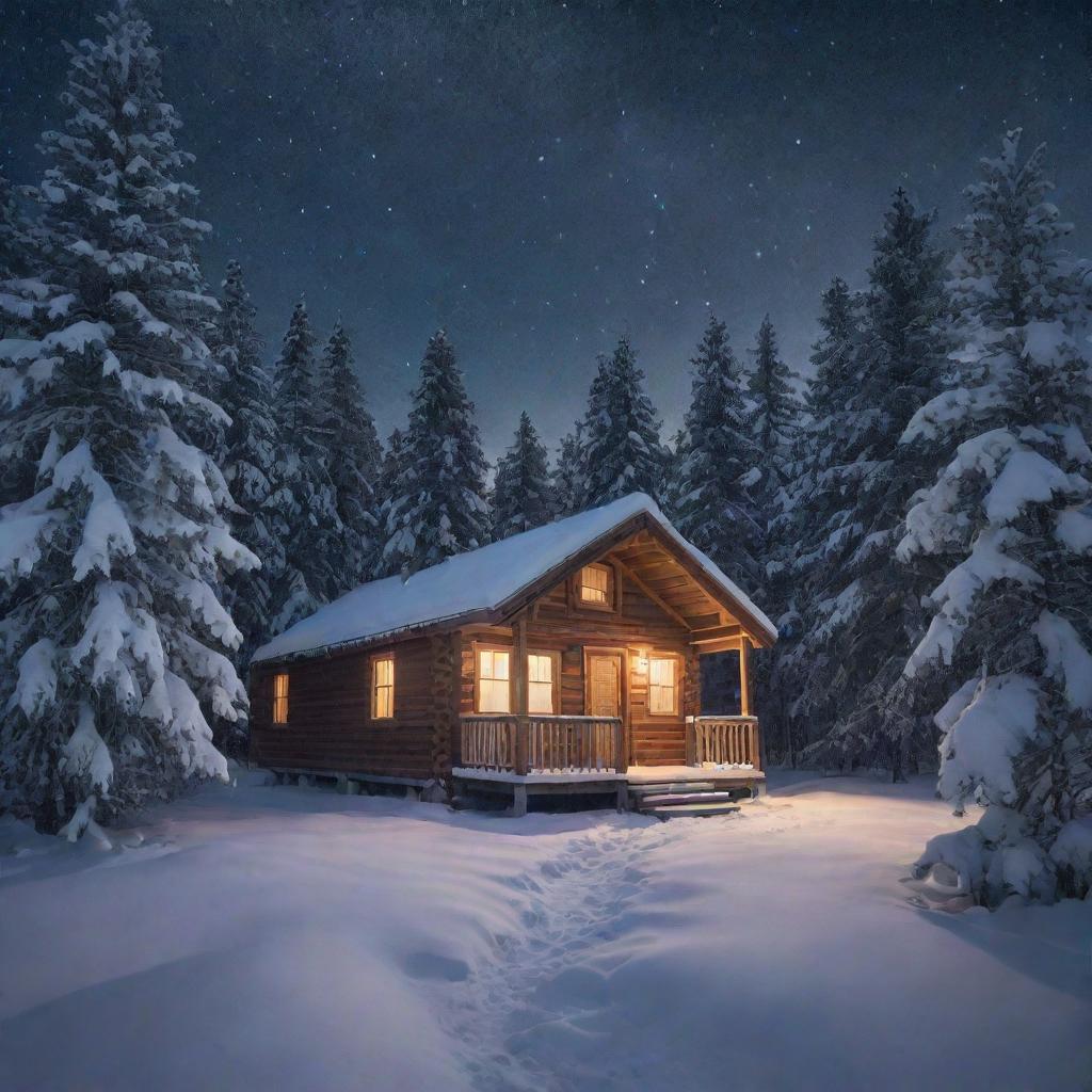 A silent, snowy winter night scene with a warmly lit cabin in the heart of a dense, snow-covered pine forest, under a sky full of stars