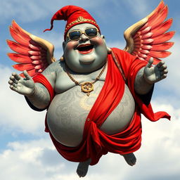 A fat and happy Buddha-like man with gray skin, adorned with golden tattoos all over his body