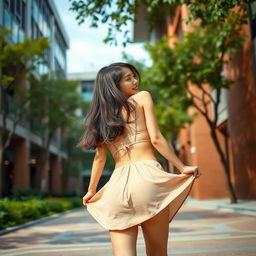 An Asian college girl in a dynamic scene captured from behind as she playfully bends over, with her skirt slightly lifted to reveal elegant lingerie beneath