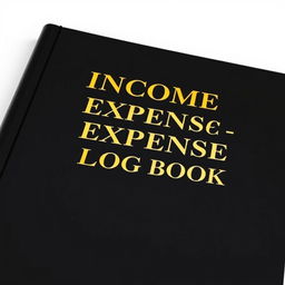 A landscape-oriented book cover with a black background, featuring the title 'Income and Expense Log Book' in luxurious gold fonts