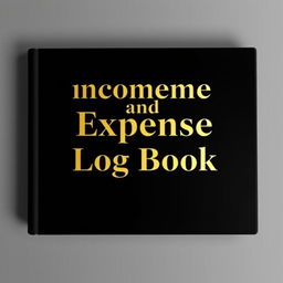 A landscape-oriented book cover with a black background, featuring the title 'Income and Expense Log Book' in luxurious gold fonts