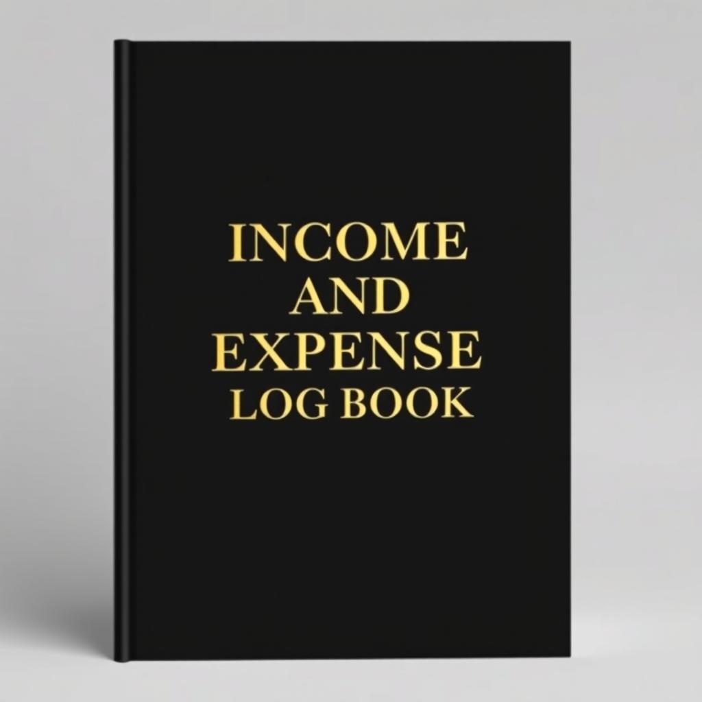 A landscape-oriented book cover with a black background, featuring the title 'Income and Expense Log Book' in luxurious gold fonts