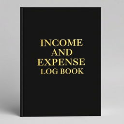 A landscape-oriented book cover with a black background, featuring the title 'Income and Expense Log Book' in luxurious gold fonts