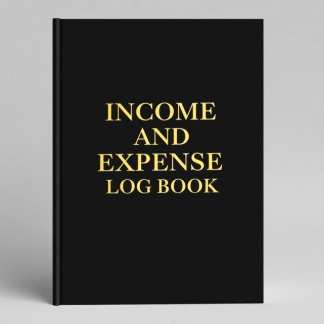 A landscape-oriented book cover with a black background, featuring the title 'Income and Expense Log Book' in luxurious gold fonts