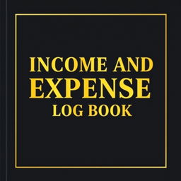 A landscape-oriented book cover with a black background, featuring the title 'Income and Expense Log Book' in luxurious gold fonts