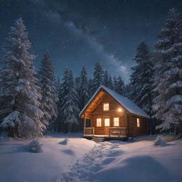 A silent, snowy winter night scene with a warmly lit cabin in the heart of a dense, snow-covered pine forest, under a sky full of stars