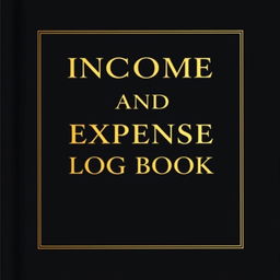 A landscape-oriented book cover with a black background, featuring the title 'Income and Expense Log Book' in luxurious gold fonts