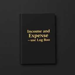 A landscape-oriented book cover with a black background, featuring the title 'Income and Expense Log Book' in luxurious gold fonts