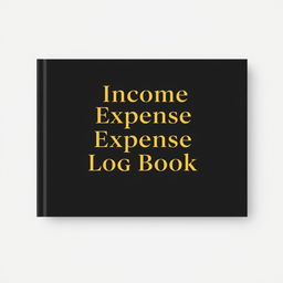 A landscape-oriented book cover with a black background, featuring the title 'Income and Expense Log Book' in luxurious gold fonts