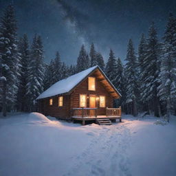 A silent, snowy winter night scene with a warmly lit cabin in the heart of a dense, snow-covered pine forest, under a sky full of stars