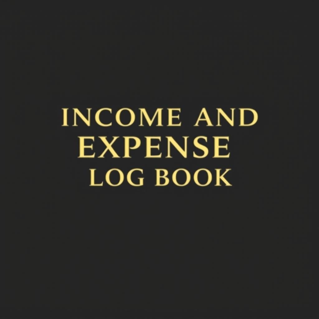 A4 landscape book cover, matte black background with gold title font that elegantly spells 'Income and Expense Log Book', minimalist and professional design