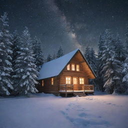 A silent, snowy winter night scene with a warmly lit cabin in the heart of a dense, snow-covered pine forest, under a sky full of stars