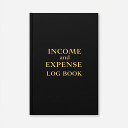 A4 landscape book cover, matte black background with gold title font that elegantly spells 'Income and Expense Log Book', minimalist and professional design