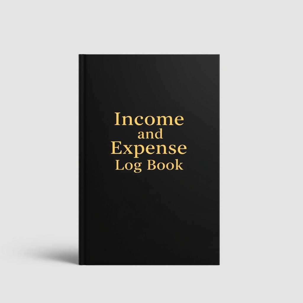 A4 landscape book cover, matte black background with gold title font that elegantly spells 'Income and Expense Log Book', minimalist and professional design