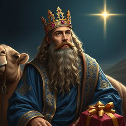 A majestic depiction of Balthazar, one of the biblical Magi, portrayed as a regal and wise king