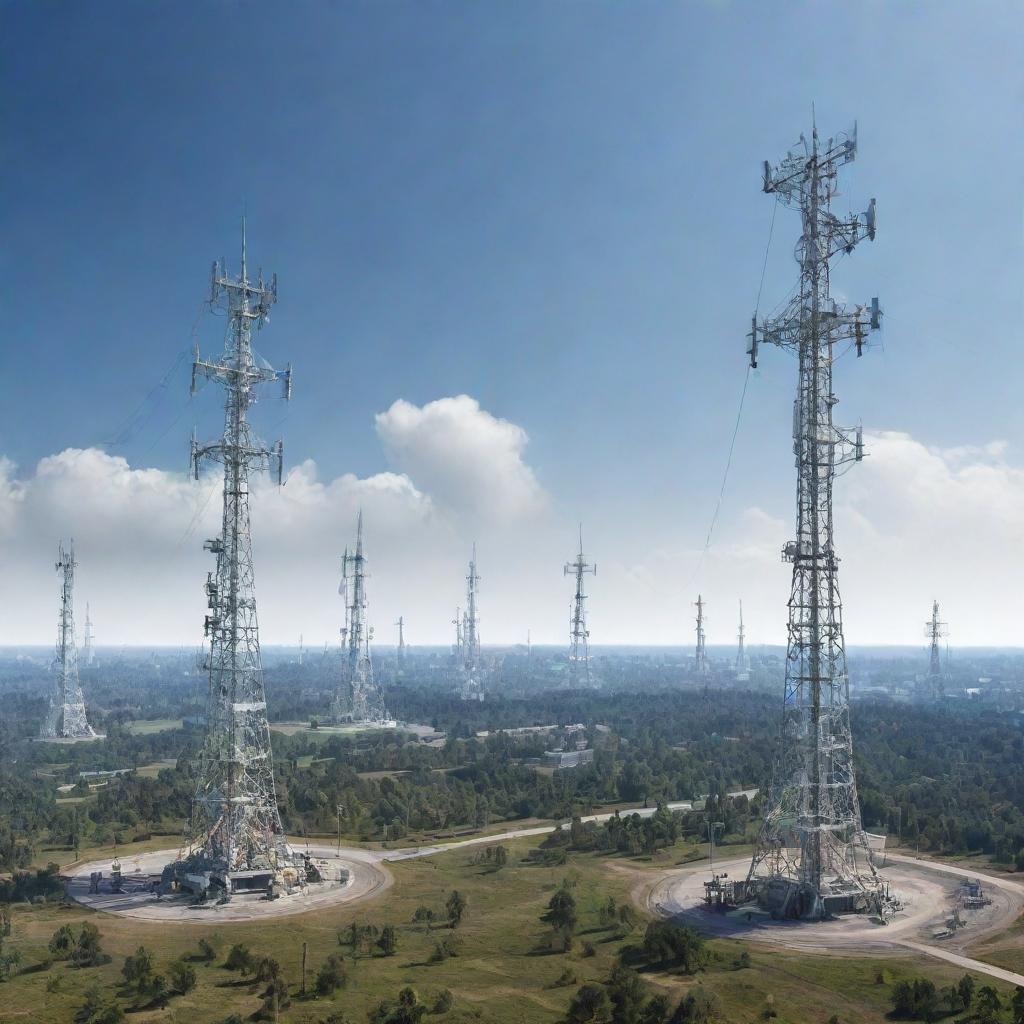 A futuristic vision of a telecommunications landscape with towering cell towers, fiber optic cables, and satellite dishes working together on a clear day.