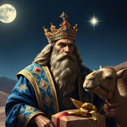 A majestic depiction of Balthazar, one of the biblical Magi, portrayed as a regal and wise king