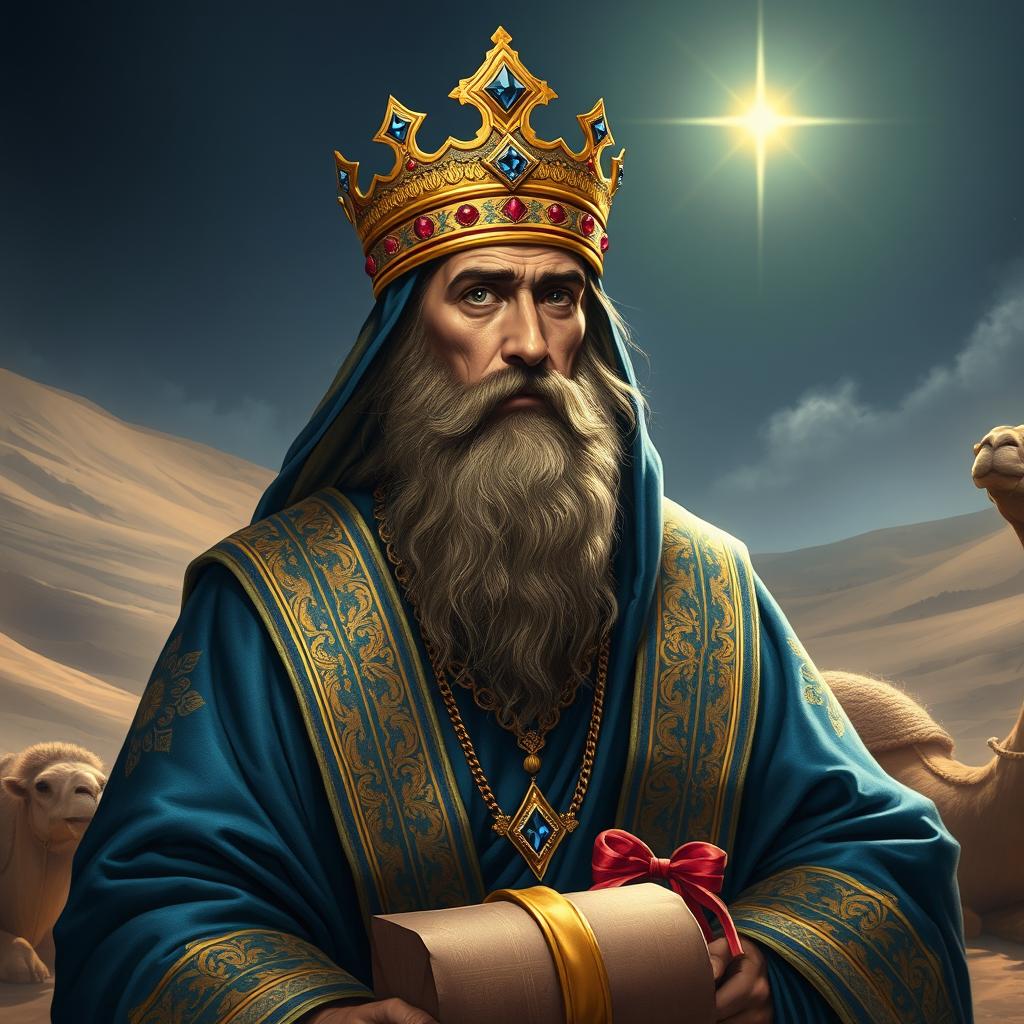 A majestic depiction of Balthazar, one of the biblical Magi, portrayed as a regal and wise king