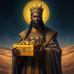 Balthazar, the African Black King Magus, depicted with rich, flowing robes adorned with intricate golden patterns