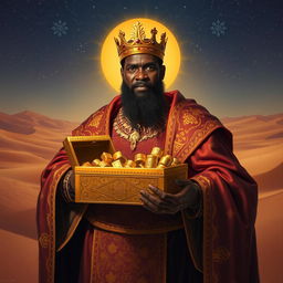 Balthazar, the African Black King Magus, depicted with rich, flowing robes adorned with intricate golden patterns