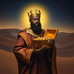 Balthazar, the African Black King Magus, depicted with rich, flowing robes adorned with intricate golden patterns