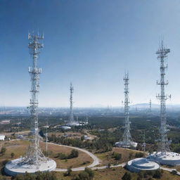 A futuristic vision of a telecommunications landscape with towering cell towers, fiber optic cables, and satellite dishes working together on a clear day.