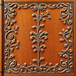 A beautifully textured wooden book cover with intricate carvings and elegant design