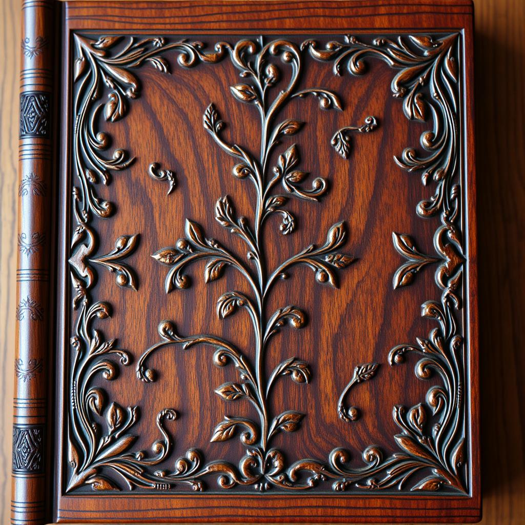 A beautifully textured wooden book cover with intricate carvings and elegant design