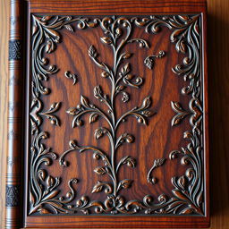 A beautifully textured wooden book cover with intricate carvings and elegant design