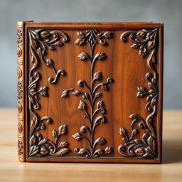 A beautifully textured wooden book cover with intricate carvings and elegant design