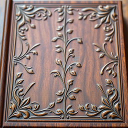 A beautifully textured wooden book cover with intricate carvings and elegant design