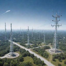 A futuristic vision of a telecommunications landscape with towering cell towers, fiber optic cables, and satellite dishes working together on a clear day.