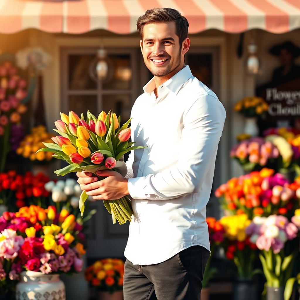 A handsome man delivering tulips, dressed in a crisp white shirt and black trousers, standing in front of a quaint flower shop