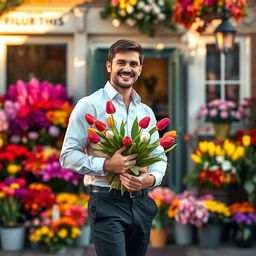 A handsome man delivering tulips, dressed in a crisp white shirt and black trousers, standing in front of a quaint flower shop