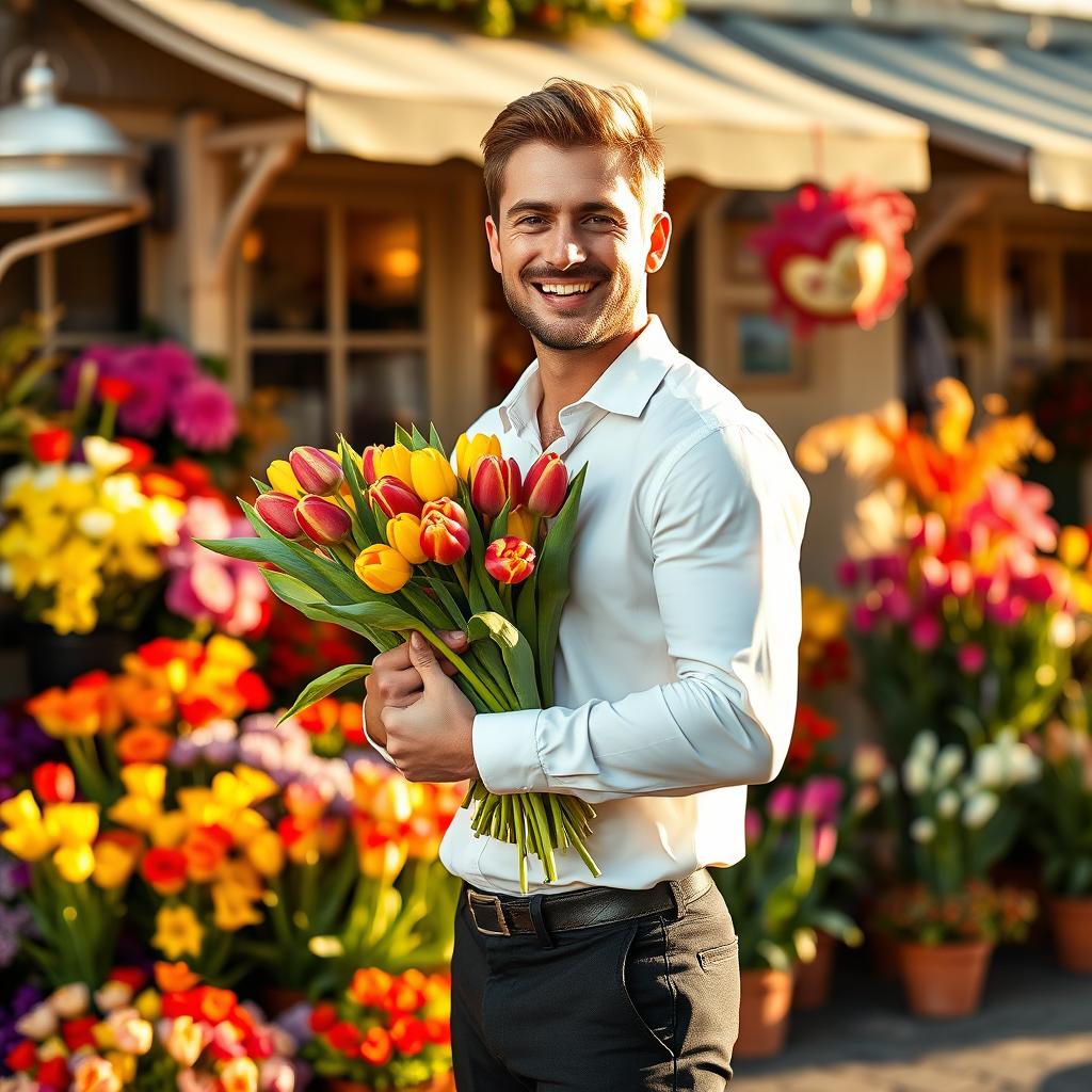 A handsome man delivering tulips, dressed in a crisp white shirt and black trousers, standing in front of a quaint flower shop