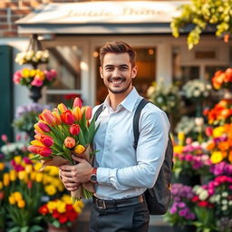 A handsome man delivering tulips, dressed in a crisp white shirt and black trousers, standing in front of a quaint flower shop