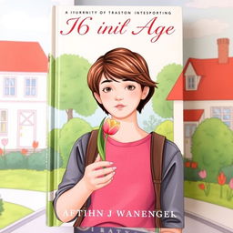 A book cover featuring a 16-year-old teenager with brown hair, delivering a single tulip